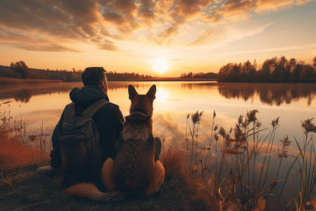 A man and his dog enjoy the serene sunset at the lakeshore, surrounded by water, clouds, and the natural landscape, creating a beautiful horizon viewの素材