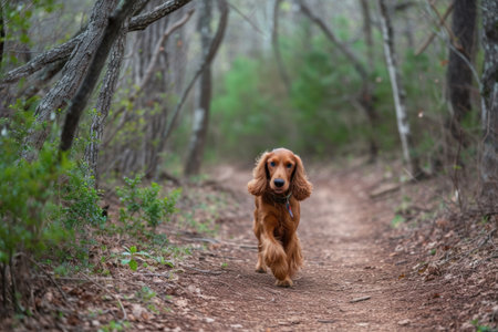 A livercolored cocker spaniel, a dog breed known for being a loyal companion dog, is racing down a dirt path in the woods surrounded by a natural landscapeの素材