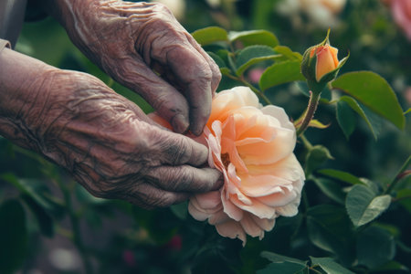 An elderly woman is carefully plucking a hybrid tea rose from a bush in her garden, using her thumb to gently detach the delicate petal from the plantの素材