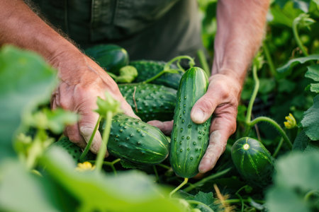 A man is harvesting cucumbers, a popular ingredient and leaf vegetable, from the garden. Cucumbers are a staple food and natural food, commonly used in salads and as a healthy snackの素材