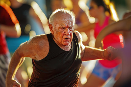 An elderly man is participating in a running event at the gym, wearing sports uniform. He is engaging in physical fitness and recreation with othersの素材