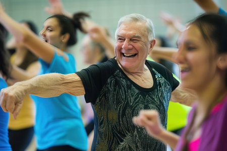 A group of people in comfortable clothing and shorts are smiling and sharing gestures while dancing together in a gym, enjoying entertainment and leisure. They are happy and having funの素材