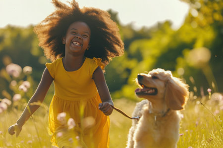 A carnivore dog is running joyfully with a little girl in a field under the sunlight and blue sky, both with big smiles on their facesの素材