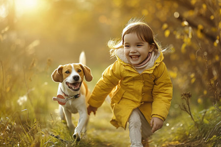 A toddler is happily running through a grassy field with their companion dog, both smiling as they enjoy the outdoors togetherの素材