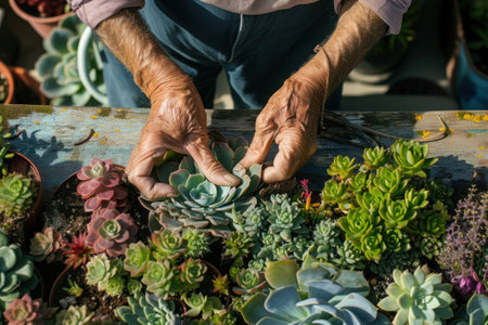 The individual is adding succulents to a table, transforming the area into a beautiful landscape with natural plants. Sharing the joy of planting shrubs as a form of local whole foodの素材