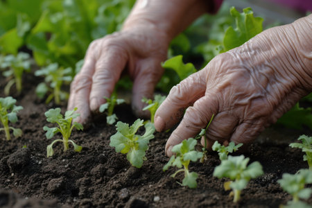 An elderly woman is working on planting leaf vegetables in the garden soil as a form of agriculture. She is using her green thumb to share her love of adapting groundcover plantsの素材
