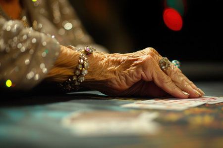 An elderly woman is sitting at a table, focused on her game of cards. Her wrinkled hands make precise gestures as she eagerly plays, her thumb tapping the table occasionallyの素材