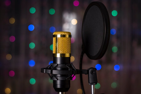 Microphone on a stand. Karaoke. Blurred garlands backgroundの写真素材