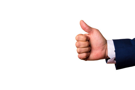Businessman shows thumbs up. Male hand in suit shows class, isolate on white background, place for...