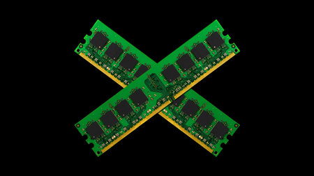 Two RAM modules are crossed on a black background.
