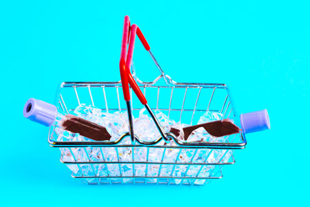 Test tubes with blood on ice in a grocery basket. Coronavirus test. COVID-19.の写真素材