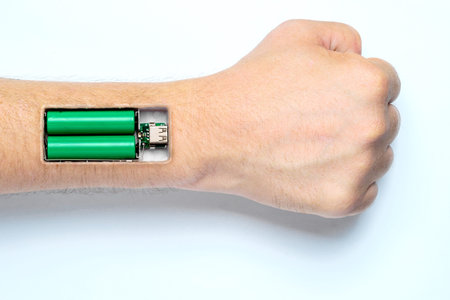 Rechargeable batteries in a battery pack implanted in a human hand. Energy of the human body.