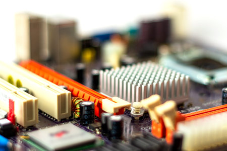 Motherboard close up. Blurred background, selective focus.
