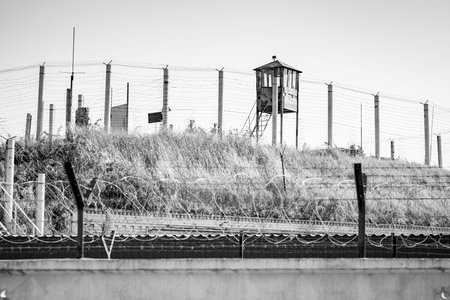 Observation tower. Observation deck at a military base. Black and whiteの写真素材