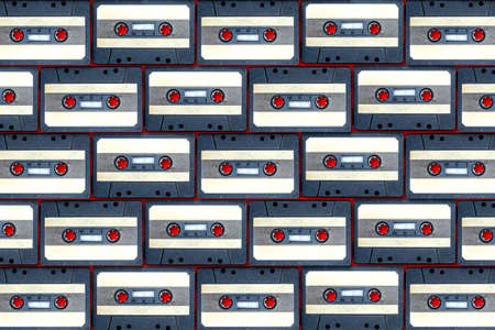 Background from old audio cassettes. Poster, wallpaper, background. Retro. Vintage.Nostalgiaの写真素材