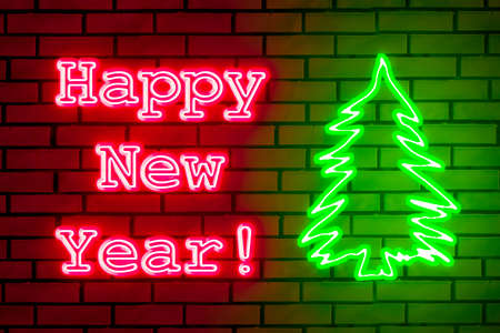Neon Happy New Year card. Neon tree and inscription happy new year on a brick wall. 3d rendering.の写真素材