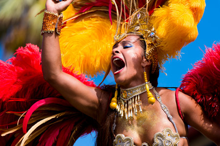 Brazilian girl in festival dress with multicolored feathers and jewelry emotionally expressed his delight to participate in the festivalのeditorial素材