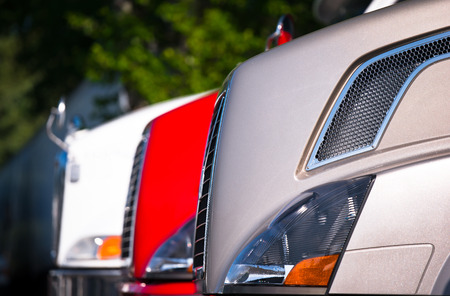 Hoods modern trucks of different colors with chrome grilles and prominent headlights standing in a row against a blurred background of green treesの写真素材