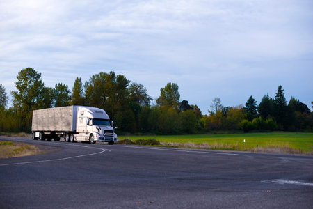 Excellent modern long haul silver big rig semi truck with a protective grille and a covered trailer...