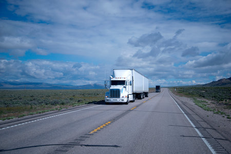 White American professional semi truck transporting commercial goods in trailer with the company of another black big rig on the road in the flat terrain desert of Nevadaのeditorial素材