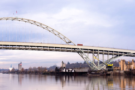 Spectacular original unique arched Fremont bridge across the Willamette River in the city bridges...