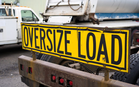 Black on yellow oversize load sign Installed on the back of big rig semi truck tractor with heavy...