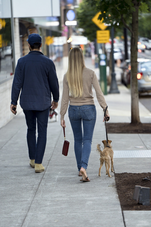 Young beautiful fashionable couple a man and a woman in great shape are walking with a dog along the street of a modern city, enjoying the city landscapes and the urban lifestyleの写真素材
