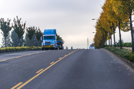 Big rig American classic bonnet semi truck with industrial oversized cargo on flat bed semi trailer driving on local autumn road with yellow trees going to point of destination for unloadingの写真素材