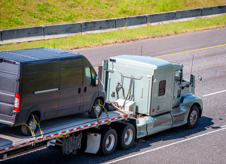 Powerful American big rig popular professional long haul classic semi truck transporting compact...