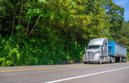Big rig gray powerful American bonnet long haul semi truck with chrome grille transporting huge...