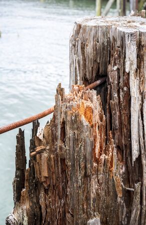 Old rotten pier with rotten loose piles driven into the bottom of the bay and metal rusty ties for a reliable bundle of parts of the pier at the mouth of the Columbia River in the Pacific Oceanの写真素材
