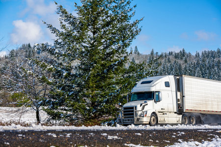 White modern bonnet popular professional big rig semi truck with refrigerator semi trailer going on...
