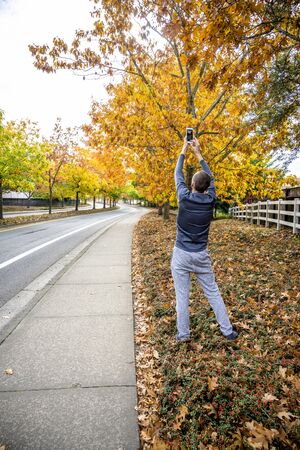 A young slender man in gray clothes photographs on a smartphone an autumn city landscape with a road, yellowed trees and fallen leaves covering bushes on the side of the roadの写真素材