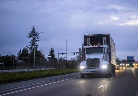 Big rig white classic industrial diesel semi truck transporting frozen cargo in refrigerator semi trailer running on the night highway road in front of another traffic with turned on headlightsの写真素材