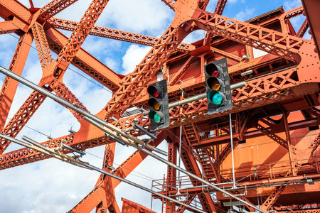Drawbridge transportation and pedestrian Broadway bridge over the Willamette River in Portland with...
