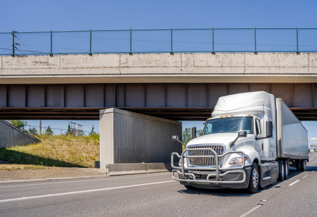 Powerful big rig white industrial grade day cab diesel semi truck with pipe grille guard...