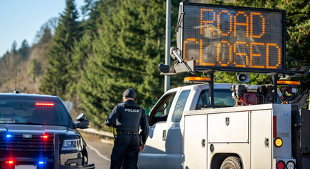 Police officer in gear and uniform on a police car with flashing lights and a road service car with...