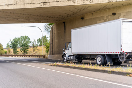 Classic medium duty day cab bonnet big rig white semi truck tractor with long box trailer for local...