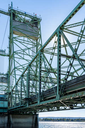 Arched sectional truss lift Columbia River Interstate drawbridge over the Columbia River through which Interstate I-5 passes along the entire western coast of America connects Oregon and Washingtonの写真素材