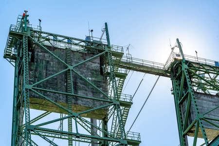 Part of sectional transportation truss Columbia River Interstate Lift bridge over the Columbia River through which Interstate I-5 highway passes along entire western coast of Americaの写真素材