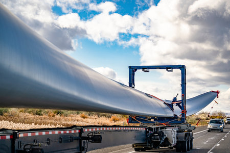 Industrial powerful big rig semi truck tractor with additional trolley transports oversize load a super long blade of a wind turbine with an escort car driving on the highway road in Columbia Gorgeの写真素材