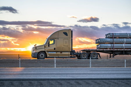 Industrial grade popular big rig beige semi truck tractor with high cab transporting fastened commercial cargo on flat bed semi trailer running on the highway road at sunset in Californiaの写真素材