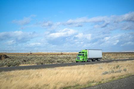 Industrial standard long hauler big rig green classic semi truck tractor transporting cargo in refrigerator semi trailer driving on divided highway road along the the meadows in Washingtonの写真素材