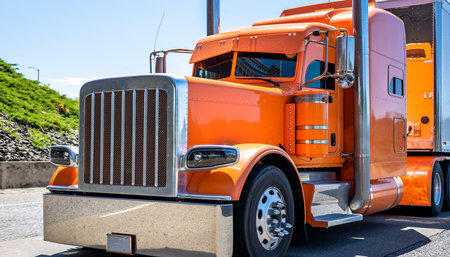 Industrial classic American long hauler big rig orange semi truck tractor with extended cab for truck driver rest transporting commercial cargo in dry van semi trailer driving on road at sunny dayの写真素材
