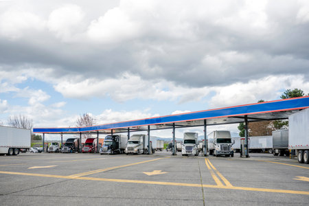 Industrial standard big rigs semi trucks with semi trailers standing on the fuel station parking lot filling the semi trucks tanks with diesel fuel to have ability continue commercial flightの写真素材
