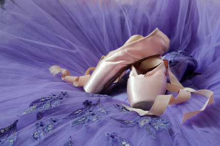 Ballet pointe shoes and violet tutu skirt. Concept of dance, spring, ballet school, ballerinas...