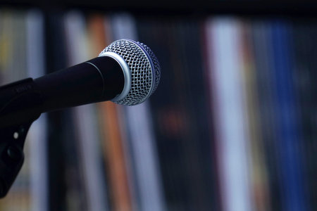 microphone for recording audio speach. broadcasting or podcasting banner with copy space