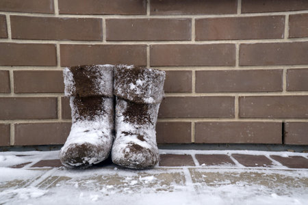 Old national traditional Russian winter footwear - felt boot. Valenki are made of wool feltの写真素材