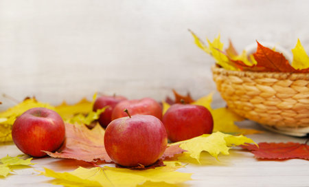 Autumn still life with red apples and leaves in a basket