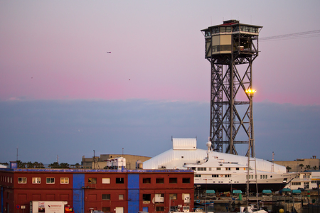 Tower Jaume 1 and teleferic in Barcelona, Spain, Cataloniaのeditorial素材